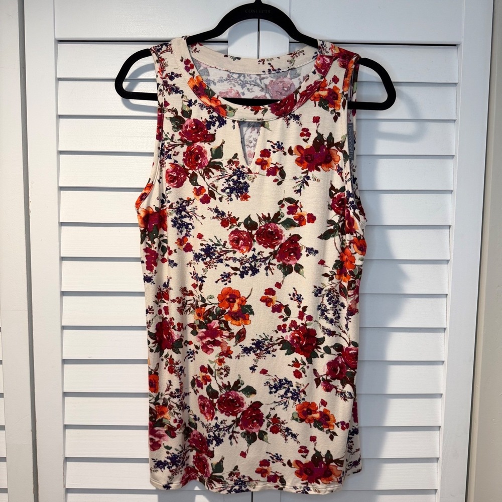Loveappella Floral Sleeveless Keyhole Tank Top Cream Red XL